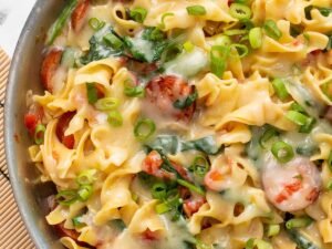 Creamy sausage pasta with spinach