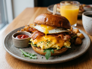 Breakfast sandwich with bacon and egg