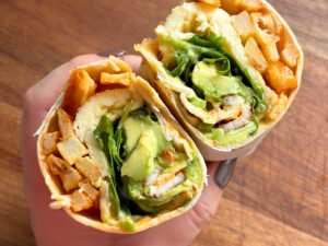 Avocado and fries breakfast burrito