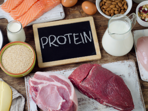 Protein sources on rustic table.