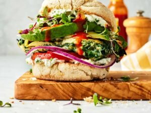 Vegetable breakfast sandwich on bun