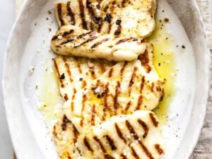 Grilled halloumi cheese on plate